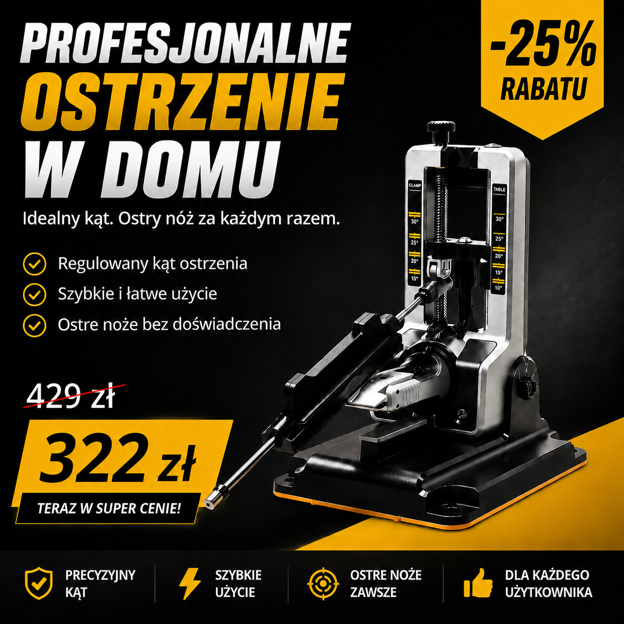 Precyzyjny system ostrzenia noży 15°–30°